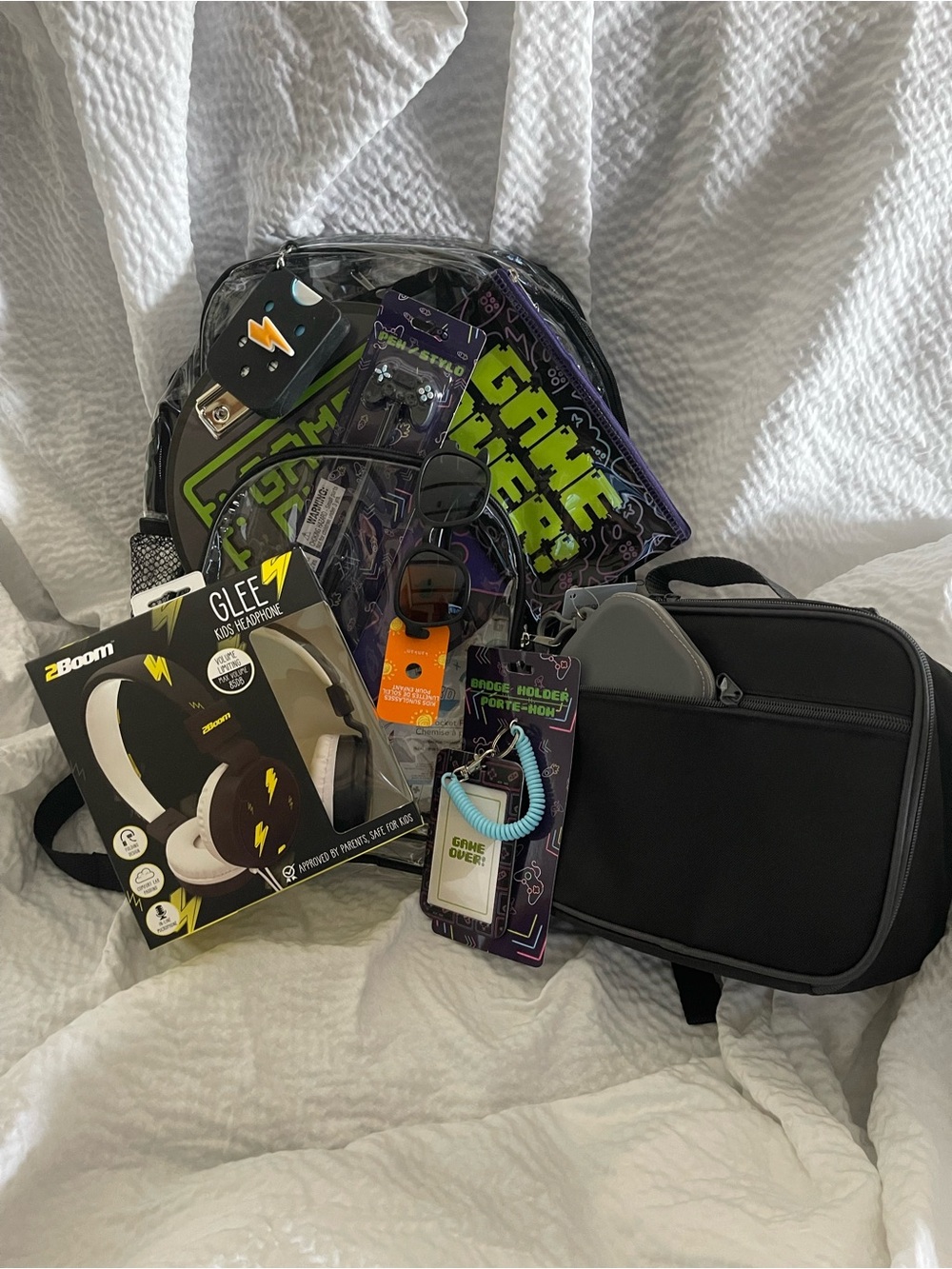 Clear Backpack with Neon Green 'Game Over' Graphic + Black Lunch Bag